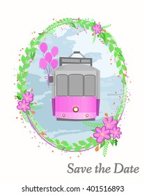 Pink wedding tram. Vector illustration. Save the date for personal holiday. Wedding invitation 