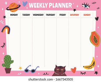 Pink weekly planner with cute elements: cat, eye, cactus, sunglases, banana, papaya, hearts. Notes, stationery organizer for daily plans, vector weekly planner template