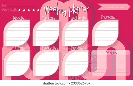 Pink Weekly  planner, Day planner, Date. Monthly planner. Blank template. Vector illustration. Minimal style. Clean style. Daily to do. Cute style vector art
