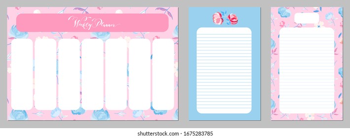 Pink weekly planner. Floral planner and notes template. Vector background design set for web and print. Trendy botanical texture for stationery design. Modern illustrations. Promo material design.