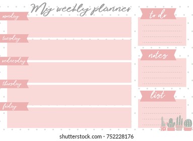 Pink weekly planner with sweet cactus, stationery organizer for daily plans, vector weekly planner template, schedules