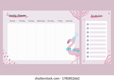 plantilla de planificador semanal rosa con flamingo lindo y elementos abstractos dibujados a mano, para hacer plantilla de lista