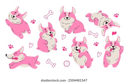 Pink welsh corgi dog cute puppy pet sticker line art concept set. Vector graphic design illustration element