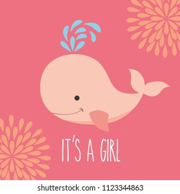Pink Whale Its A Girl Flowers Greeting Card