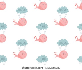 Pink whale pattern. Pink baby girl pattern. Whales on cloud cute background Baby shower invitation design. vector