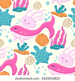 Pink Whale pattern summer Marine Life hand drawn line illustration