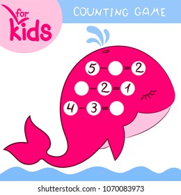  Pink whale.Educational a mathematical game.Counting Game for Preschool Children.Solve the examples in the picture and write the result.