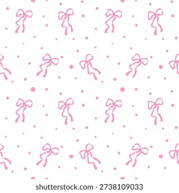 Pink whimsical bow seamless pattern. Cute girly coquette design. Feminine seamless wallpaper. Baby girl textile design. Playful ribbon bows background