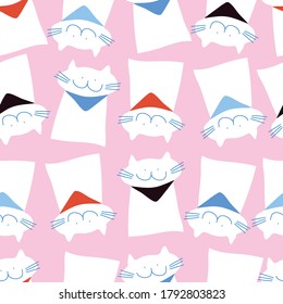 Pink with whimsical and cute cats seamless pattern background design.