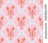 Pink whimsical lobster seamless pattern decorated coquette bows and ribbon. Vector summer damask print, ocean beach vibes, cute coastal background. Female geometric rhombus ornament.
