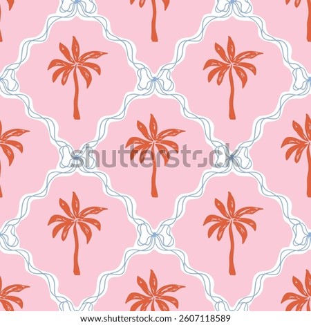 Pink whimsical palm tree seamless pattern decorated coquette bows and ribbon. Vector summer damask print, tropical beach vibes, cute jungle background. Female geometric rhombus ornament.