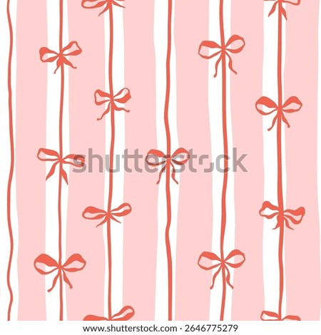 Pink Whimsical Vertical Stripes Bold Color Vector Seamless Pattern, Summer Striped Ribbon Bows Travel Themed Design, Coquette Fabric Textile, Kitchen Decor. Simple Illustration Background