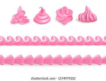 Pink whipped cream set - isolated cake icing toppings with different shapes and seamless line border on white background. Dessert decoration - vector illustration.