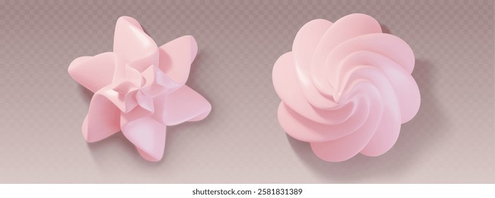 Pink whipped cream swirls set isolated on transparent background. Vector realistic illustration of 3d cake, pie, dessert or cupcake decoration, sweet vanilla mousse topping, creamy icing, top view