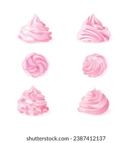 Pink whipped cream. Whip creamy curl berries pudding, meringue swirl top view custard frosting whipping icing for cupcake pastries muffin fruit topping 3d vector illustration of creamy curl dessert