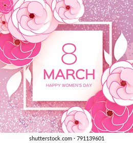 Pink White 8 March. Happy Women's Mother's Day. Floral Greeting Card. Paper cut Rose Flowers. Suqre frame. Origami Daisy flower. Text. Eight number. Spring Peony blossom. Trendy paper decoration.