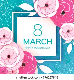 Pink White 8 March. Happy Women's Mother's Day. Floral Greeting Card. Paper cut Rose Flowers. Sqare frame. Origami Daisy flower. Text. Eight number. Spring Peony blossom. Seasonal holiday on blue. 