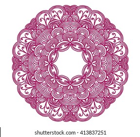 Pink and white abstract pattern with leaves and flowers. Doodle. Hand drawn zentagles. Coloring book. Mandala.