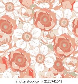 Pink and white anemones, romantic pattern of delicate flowers, seamless vector background