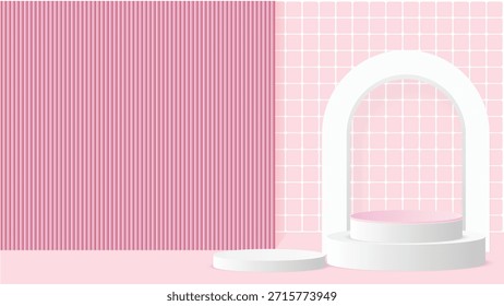 Un fondo rosa y blanco con un arco blanco y dos pedestales blancos. El fondo rosa crea un sentimiento suave y femenino, mientras que el arco blanco y los pedestales añaden un toque de elegancia