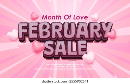 A pink and white background with the text Month Of Love February sale and several pink heart shapes