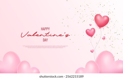 Pink and white background for valentine's day with several pink heart shaped balloons floating in the background