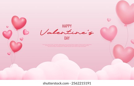 Pink and white background for valentine's day with some pink heart shaped balloons floating on clouds in the background
