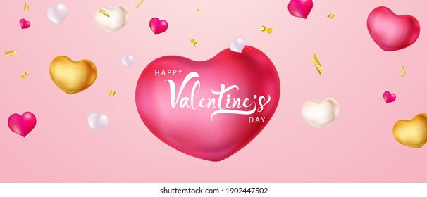 pink white balloons, confetti concept design template holiday Happy valentines Day, background Celebration Vector illustration.
