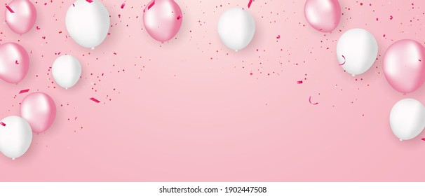 pink white balloons, confetti concept design template holiday Happy valentines Day, background Celebration Vector illustration.