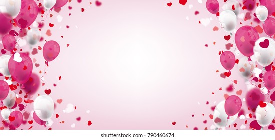 Pink and white balloons with hearts on the pink background. Eps 10 vector file.