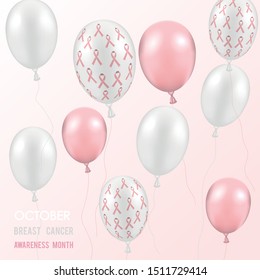 Pink and white baloons and  text breast cancer awareness.