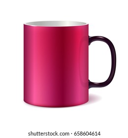 Pink and white big ceramic cup with black handle for printing corporate logo. Cup isolated on white background. Vector 3D illustration