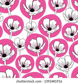 Pink, white and black seamless vector background with elements of flowers. Perfect for fabric, gift wrap, wall paper, home decor, quilting, invitations, scrapbooking and projects.