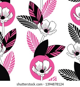 Pink, White and black seamless vector background with elements of flowers and leaves. Perfect for fabric, home decor, gift wrap, quilting, invitations, scrapbooking, wall paper and projects.