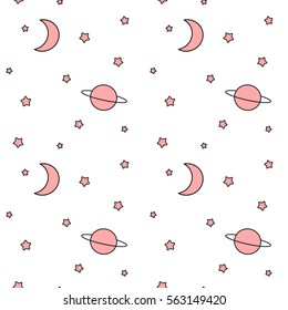 pink white and black seamless vector pattern background illustration with moon stars and planet 