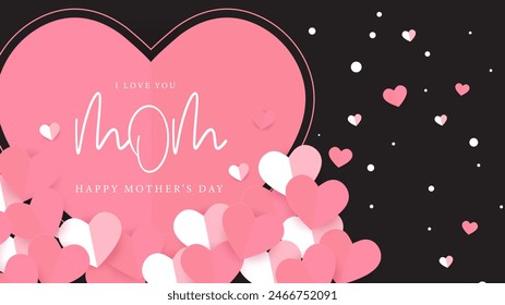 Pink white and black vector beautiful happy mother's day with love and heart background. Happy mothers day event poster for greeting design template and mother's day celebration