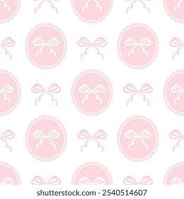 Pink and white bows. Vector seamless pattern on white background in pastel colors. Cute flat illustration for Christmas