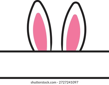 Ilustración vectorial de marco de monograma dividido de orejas de conejo rosa y blanco. Icono festivo minimalista con una placa de identificación Horizontal aislada sobre fondo blanco. Gráfico de temporada de Profesional para la planificación de la fiesta de Pascua, regalos de vacaciones y corte de vinilo.