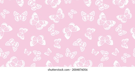 Rosa-weißes Schmetterlingsmuster. Pastellfarbener Schmetterling, nahtlose Wiederholmuster-Design, Vektorhintergrund, süßer, gürtlicher Hintergrund.