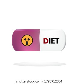 Rosa-weiße Kapseltabletten Es enthält die Buchstaben Diet und Emoticons, die ausdrücken, wie Sie sich geschockt fühlen.