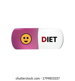 Comprimidos en cápsulas de color rosa y blanco Tiene las letras Dieta y Emoticonos que expresan lo feliz que se siente.