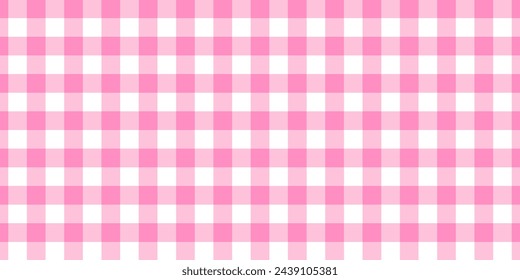 Pink and white checkered pattern. Cute gingham or vichy background. Tablecloth, napkin, picnic plaid, towel, baby girl blanket top view. Fabric flannel, linen or cotton print. Vector flat illustration