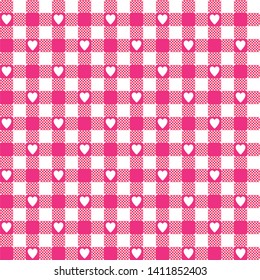 Pink and white checkered seamless pattern with heart