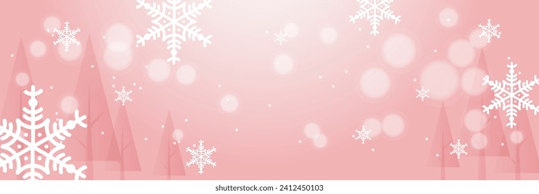 Pink and white christmas wide banner with snowflake bokeh decoration. Winter banner with snowflake. Horizontal new year background, headers, posters, cards, website. Vector illustration