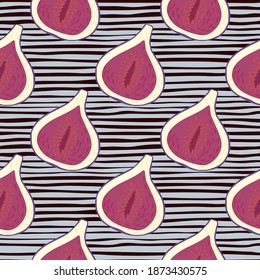 Patrón transparente de higo de color rosa y blanco. Frutos de perro adornados con fondo a rayas. Diseñado para el diseño de tejidos, impresión textil, envoltura, cubierta. Ilustración vectorial.