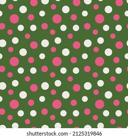 Pink and white colored polka dots seamless repeat pattern design in green background inspired from the leaves of Caladium