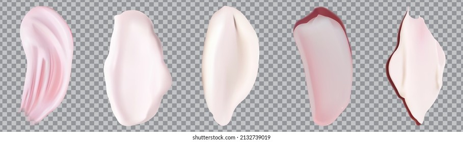 Pink - White cream smears swatch set isolated on transparent background. Cosmetic lotion swipe swatch sample 
