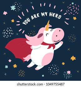 Pink and white cute cow in superhero costume. You are my hero text. Cute animal with extraordinary flying abilities wear mask of a hero and red cloak. Flat vector illustration of a household cow