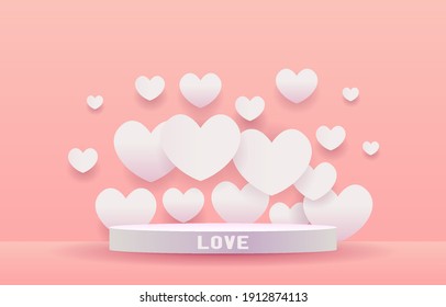 pink and white cute podium. valentine or love concept. Pink background decoration with white hearts. paper art for promotion. Design for background, card, promotion, campange, banner.