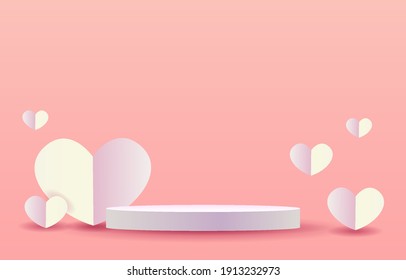 podio blanco y rosa lindo. concepto de valentina o amor. Decoración de fondo rosa con corazones blancos. arte de papel para promoción. Diseño para fondo, tarjeta, promoción, campaña, banner.